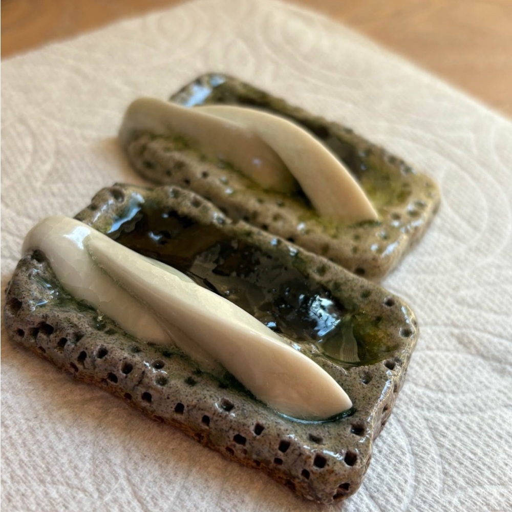 Handcrafted Ceramic chopstick rests holders with Green and Cream Accents